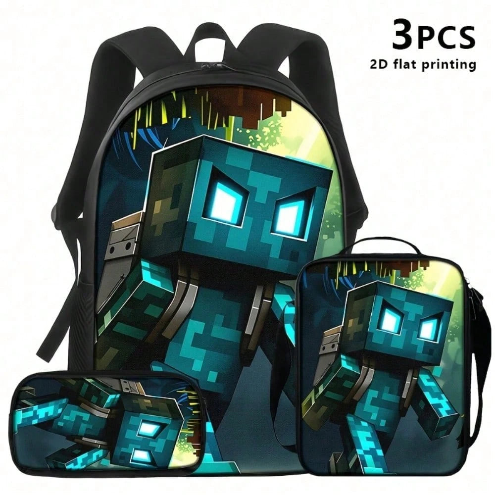 Pixel Block Monster Adventure Backpack Set For Travel, Commuting- Stylish & Functional Design, Playful Design, Ideal For Gaming Events, Weekend Getaways, Fall Outdoor Adventures And Holiday Gifting