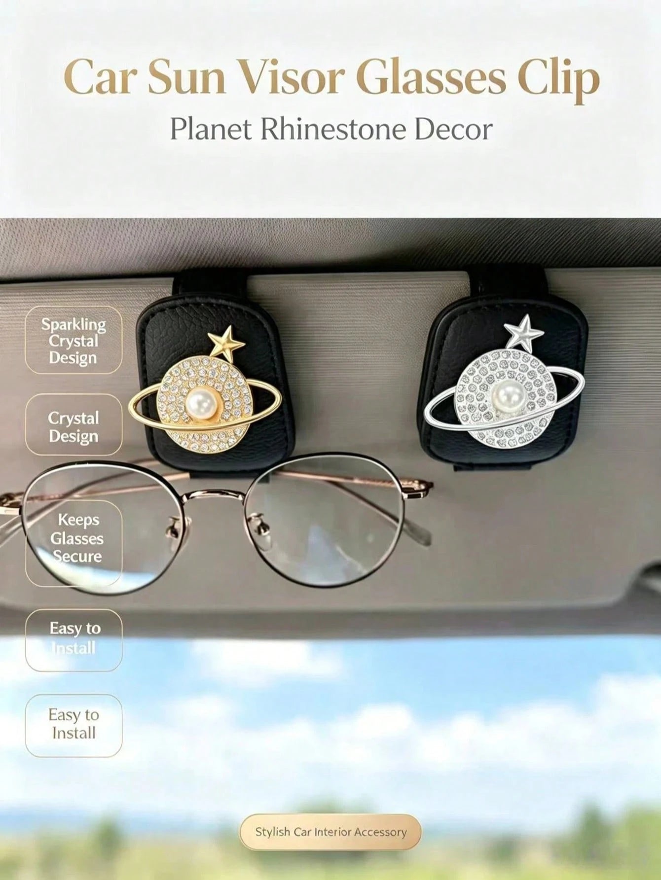 Planet Rhinestone Pearl Car Fashion Glasses Clip, Gold & Silver Starry Sky Saturn Leather Sun Visor Fashion Glasses & Ticket Holder, Exquisite Luxury Car Interior Accessory