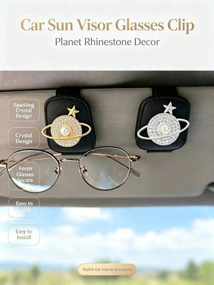 Planet Rhinestone Pearl Car Fashion Glasses Clip, Gold & Silver Starry Sky Saturn Leather Sun Visor Fashion Glasses & Ticket Holder, Exquisite Luxury Car Interior Accessory