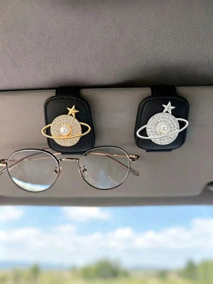 Planet Rhinestone Pearl Car Fashion Glasses Clip, Gold & Silver Starry Sky Saturn Leather Sun Visor Fashion Glasses & Ticket Holder, Exquisite Luxury Car Interior Accessory