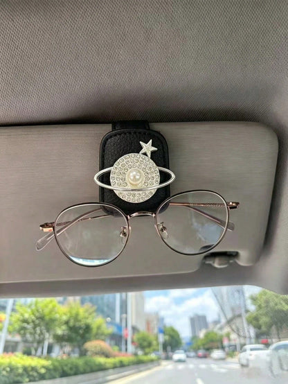 Planet Rhinestone Pearl Car Fashion Glasses Clip, Gold & Silver Starry Sky Saturn Leather Sun Visor Fashion Glasses & Ticket Holder, Exquisite Luxury Car Interior Accessory
