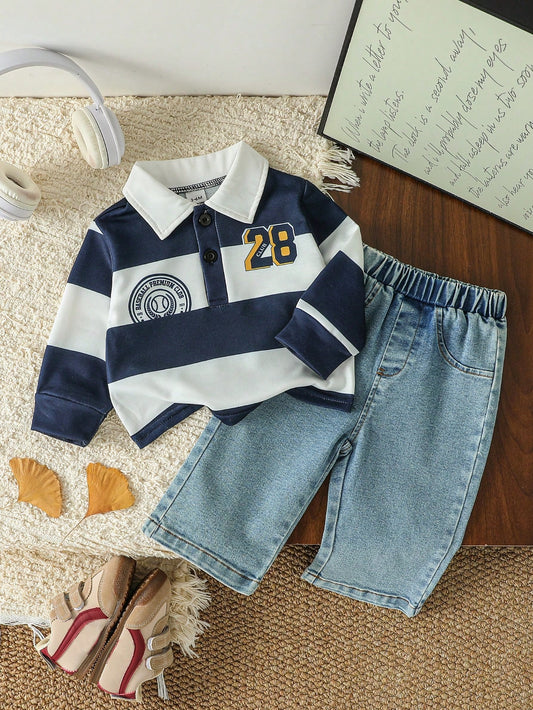 Playful Pals 2pcs/Set Baby Boy Casual Navy And White Striped Polo Shirt & Denim Jeans Autumn Back-To-School Preppy Page Boy Outfit Infant Sports Collegiate Set