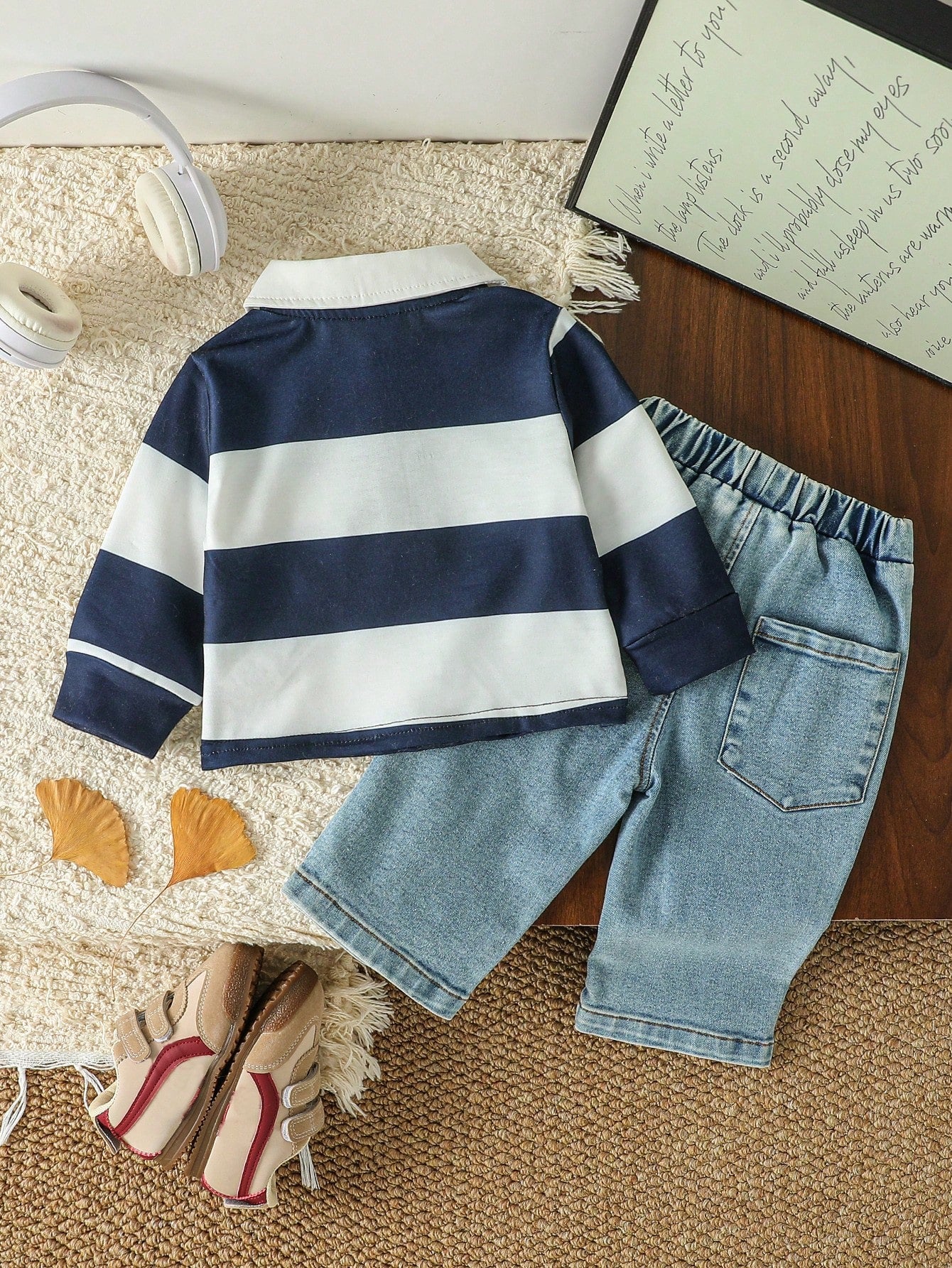 Playful Pals 2pcs/Set Baby Boy Casual Navy And White Striped Polo Shirt & Denim Jeans Autumn Back-To-School Preppy Page Boy Outfit Infant Sports Collegiate Set