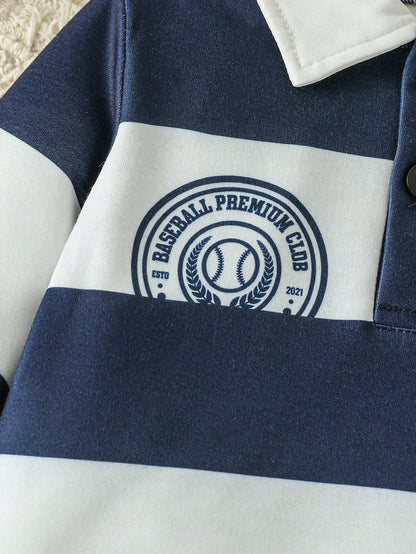 Playful Pals 2pcs/Set Baby Boy Casual Navy And White Striped Polo Shirt & Denim Jeans Autumn Back-To-School Preppy Page Boy Outfit Infant Sports Collegiate Set