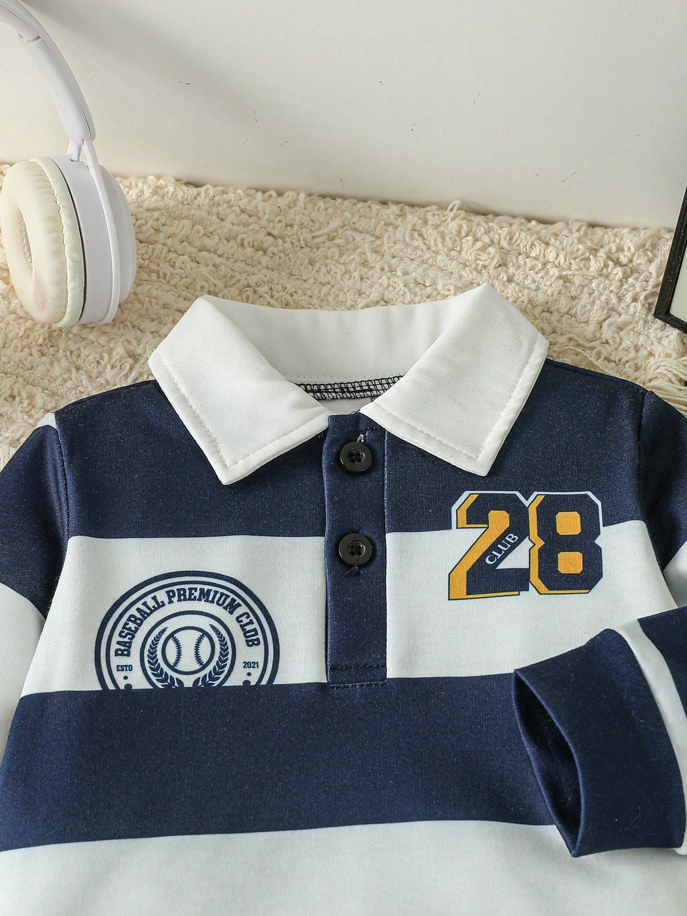 Playful Pals 2pcs/Set Baby Boy Casual Navy And White Striped Polo Shirt & Denim Jeans Autumn Back-To-School Preppy Page Boy Outfit Infant Sports Collegiate Set