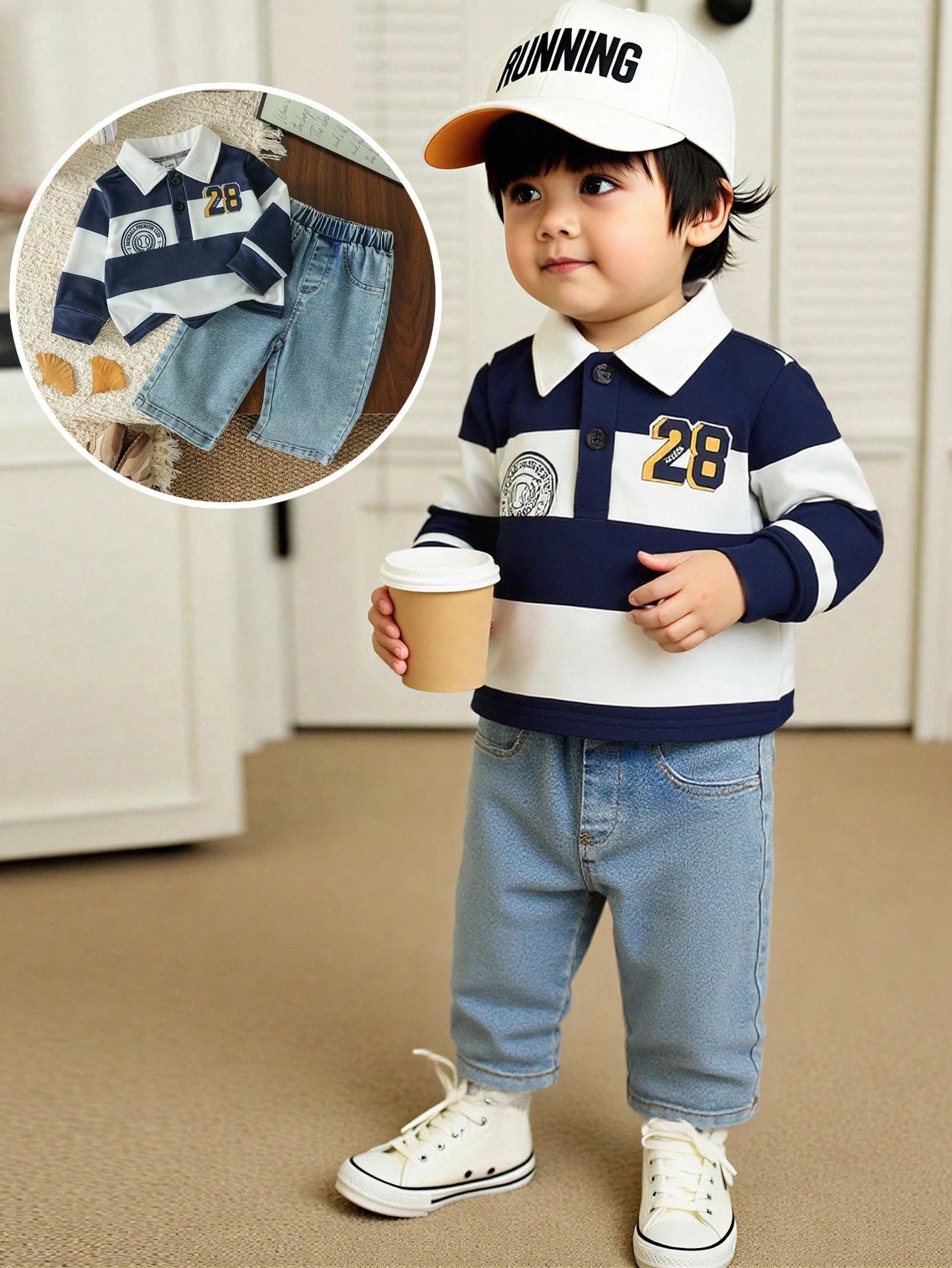 Playful Pals 2pcs/Set Baby Boy Casual Navy And White Striped Polo Shirt & Denim Jeans Autumn Back-To-School Preppy Page Boy Outfit Infant Sports Collegiate Set