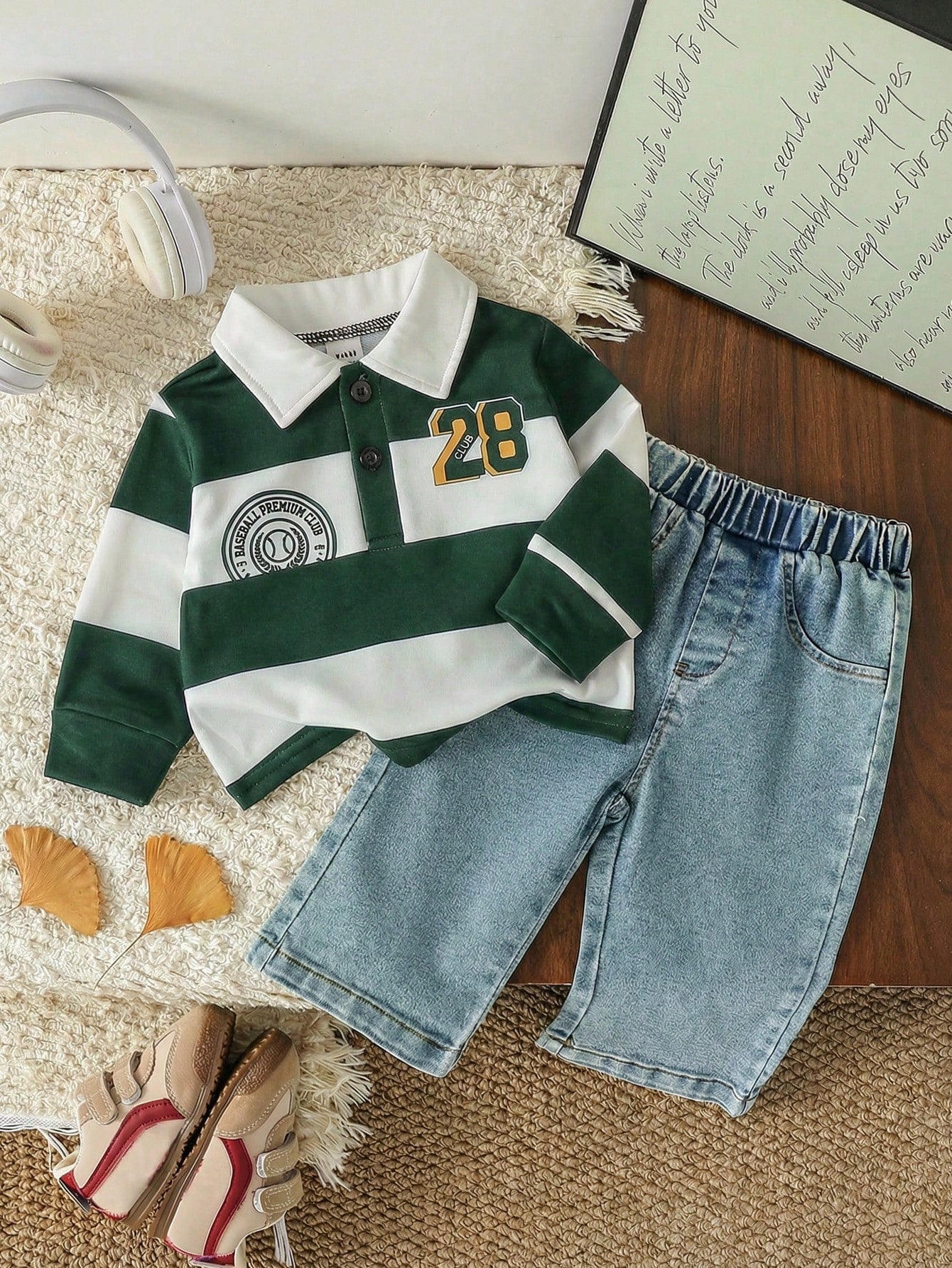 Playful Pals 2pcs/Set Baby Boy Casual Navy And White Striped Polo Shirt & Denim Jeans Autumn Back-To-School Preppy Page Boy Outfit Infant Sports Collegiate Set