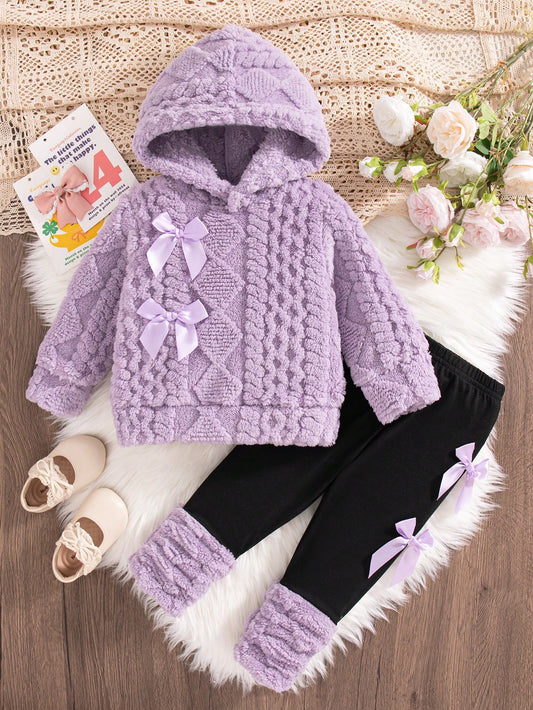 Playful Pals 2pcs/Set Baby Girl Winter Plush Wheat Ear Jacquard Hooded Sweatshirt Slim Fit Long Pants Color Block Baby Doll Vacation Cute Purple Black