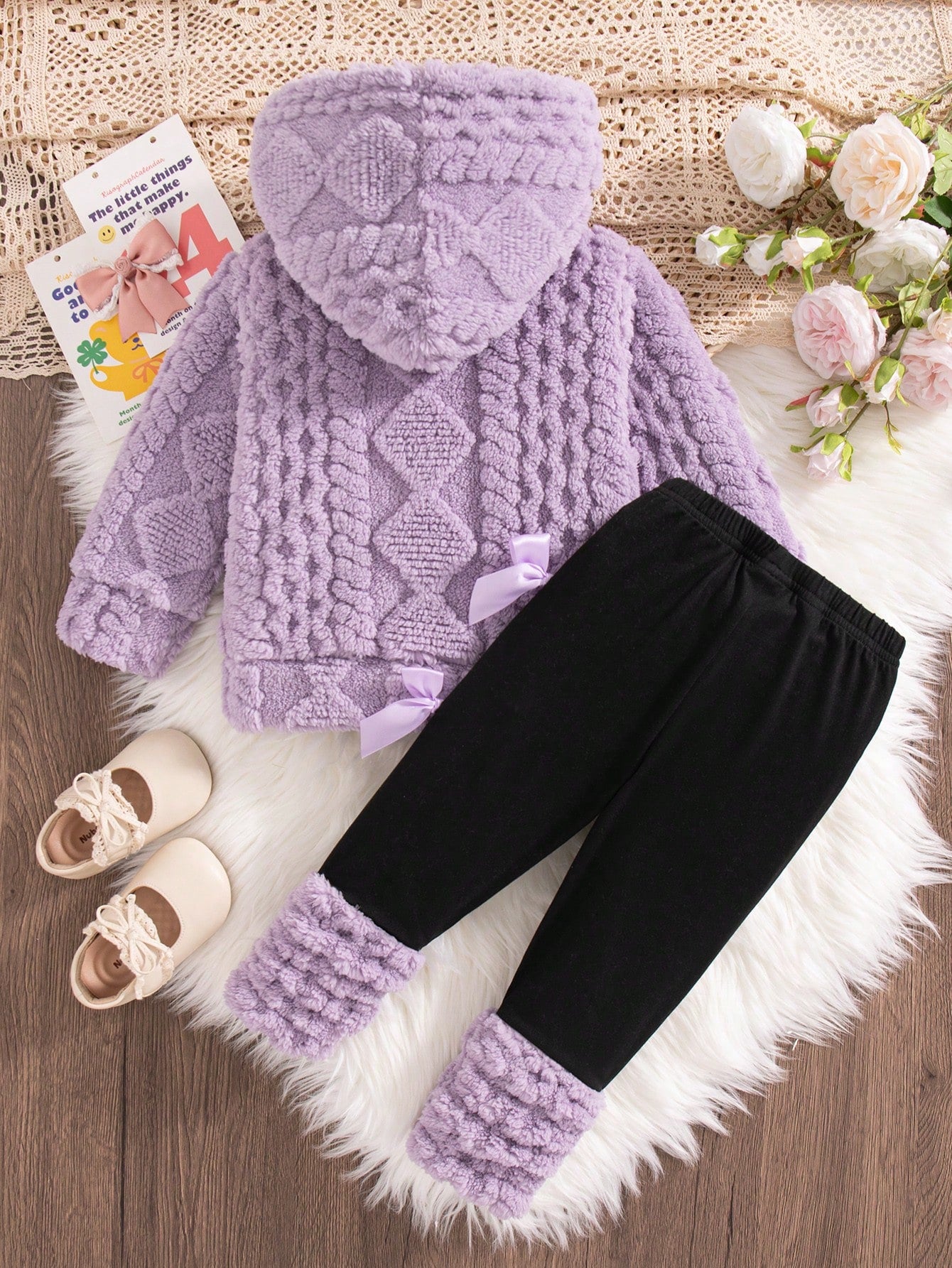 Playful Pals 2pcs/Set Baby Girl Winter Plush Wheat Ear Jacquard Hooded Sweatshirt Slim Fit Long Pants Color Block Baby Doll Vacation Cute Purple Black