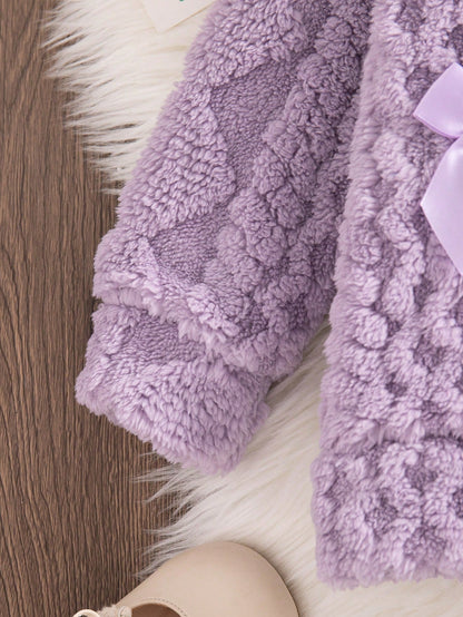 Playful Pals 2pcs/Set Baby Girl Winter Plush Wheat Ear Jacquard Hooded Sweatshirt Slim Fit Long Pants Color Block Baby Doll Vacation Cute Purple Black