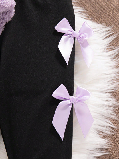 Playful Pals 2pcs/Set Baby Girl Winter Plush Wheat Ear Jacquard Hooded Sweatshirt Slim Fit Long Pants Color Block Baby Doll Vacation Cute Purple Black