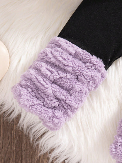 Playful Pals 2pcs/Set Baby Girl Winter Plush Wheat Ear Jacquard Hooded Sweatshirt Slim Fit Long Pants Color Block Baby Doll Vacation Cute Purple Black