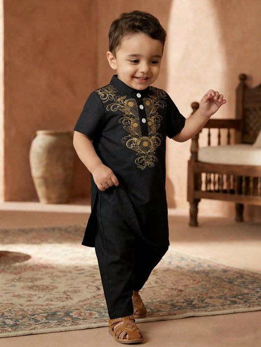 Playful Pals 2pcs/Set Infant Toddler Baby Boy Black Arabic Robe & Pants Islamic Clothing Kaftan Saudi Arabian Attire For Al-Adha Summer Holiday Wedding Guest
