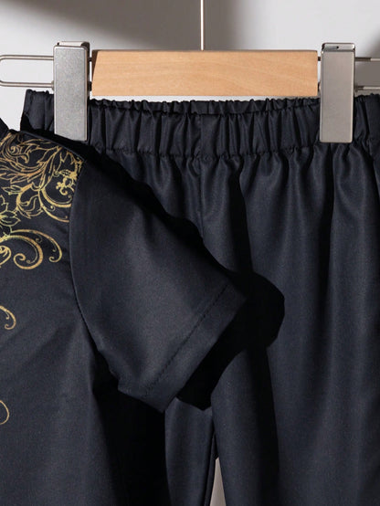 Playful Pals 2pcs/Set Infant Toddler Baby Boy Black Arabic Robe & Pants Islamic Clothing Kaftan Saudi Arabian Attire For Al-Adha Summer Holiday Wedding Guest