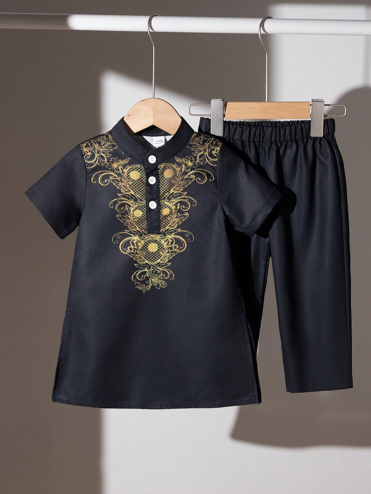 Playful Pals 2pcs/Set Infant Toddler Baby Boy Black Arabic Robe & Pants Islamic Clothing Kaftan Saudi Arabian Attire For Al-Adha Summer Holiday Wedding Guest