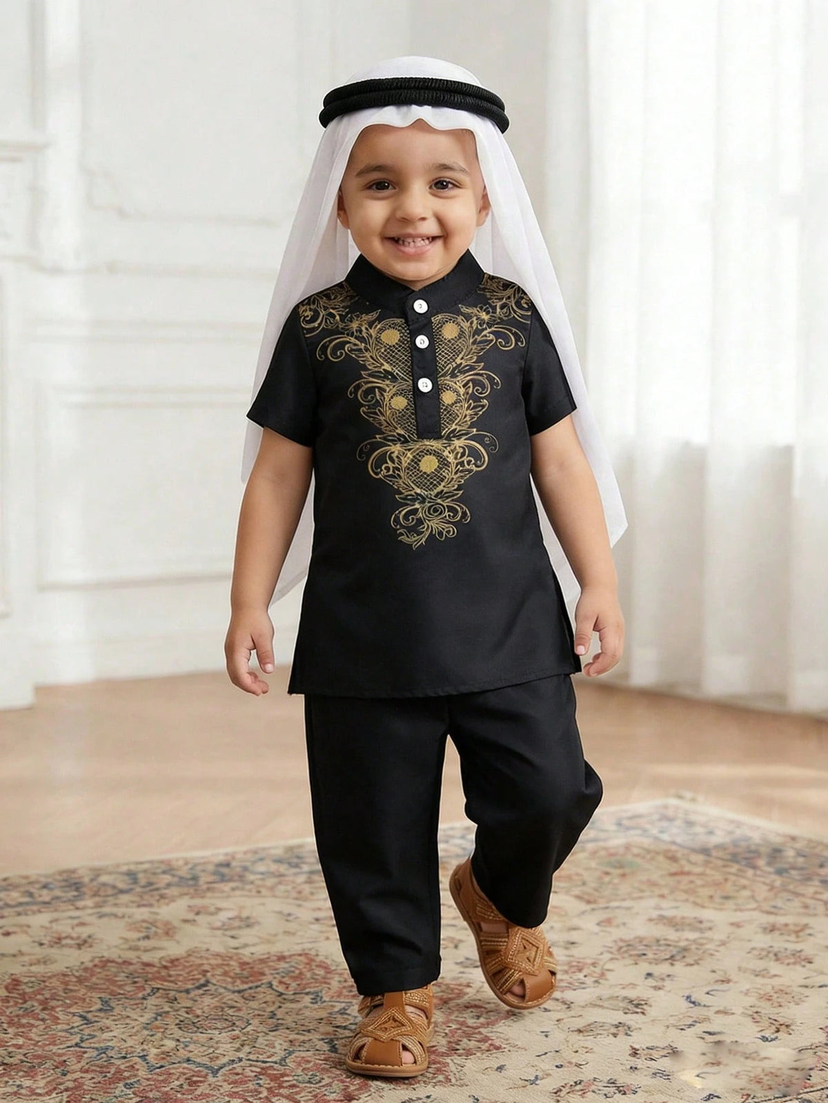 Playful Pals 2pcs/Set Infant Toddler Baby Boy Black Arabic Robe & Pants Islamic Clothing Kaftan Saudi Arabian Attire For Al-Adha Summer Holiday Wedding Guest