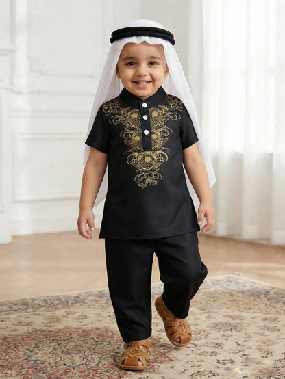 Playful Pals 2pcs/Set Infant Toddler Baby Boy Black Arabic Robe & Pants Islamic Clothing Kaftan Saudi Arabian Attire For Al-Adha Summer Holiday Wedding Guest