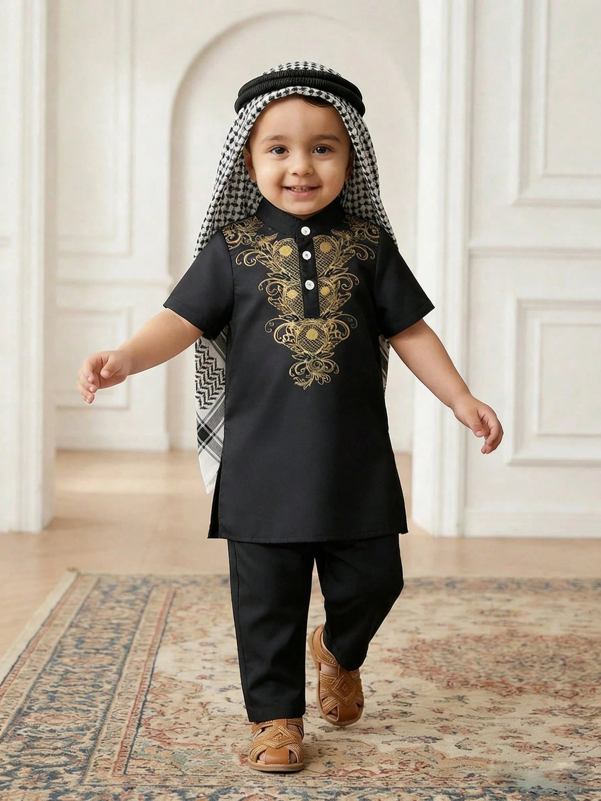 Playful Pals 2pcs/Set Infant Toddler Baby Boy Black Arabic Robe & Pants Islamic Clothing Kaftan Saudi Arabian Attire For Al-Adha Summer Holiday Wedding Guest
