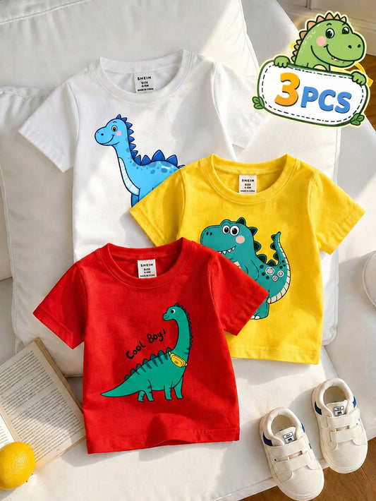 Playful Pals 3pcs Newborn Baby Boy Infant Toddler 6M-3Y Dinosaur Print Soft Knit Round Neck Short Sleeve T-Shirt White Summer Casual Cute Carrer Day Daily Wear