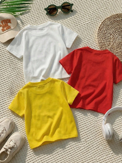 Playful Pals 3pcs Newborn Baby Boy Infant Toddler 6M-3Y Dinosaur Print Soft Knit Round Neck Short Sleeve T-Shirt White Summer Casual Cute Carrer Day Daily Wear