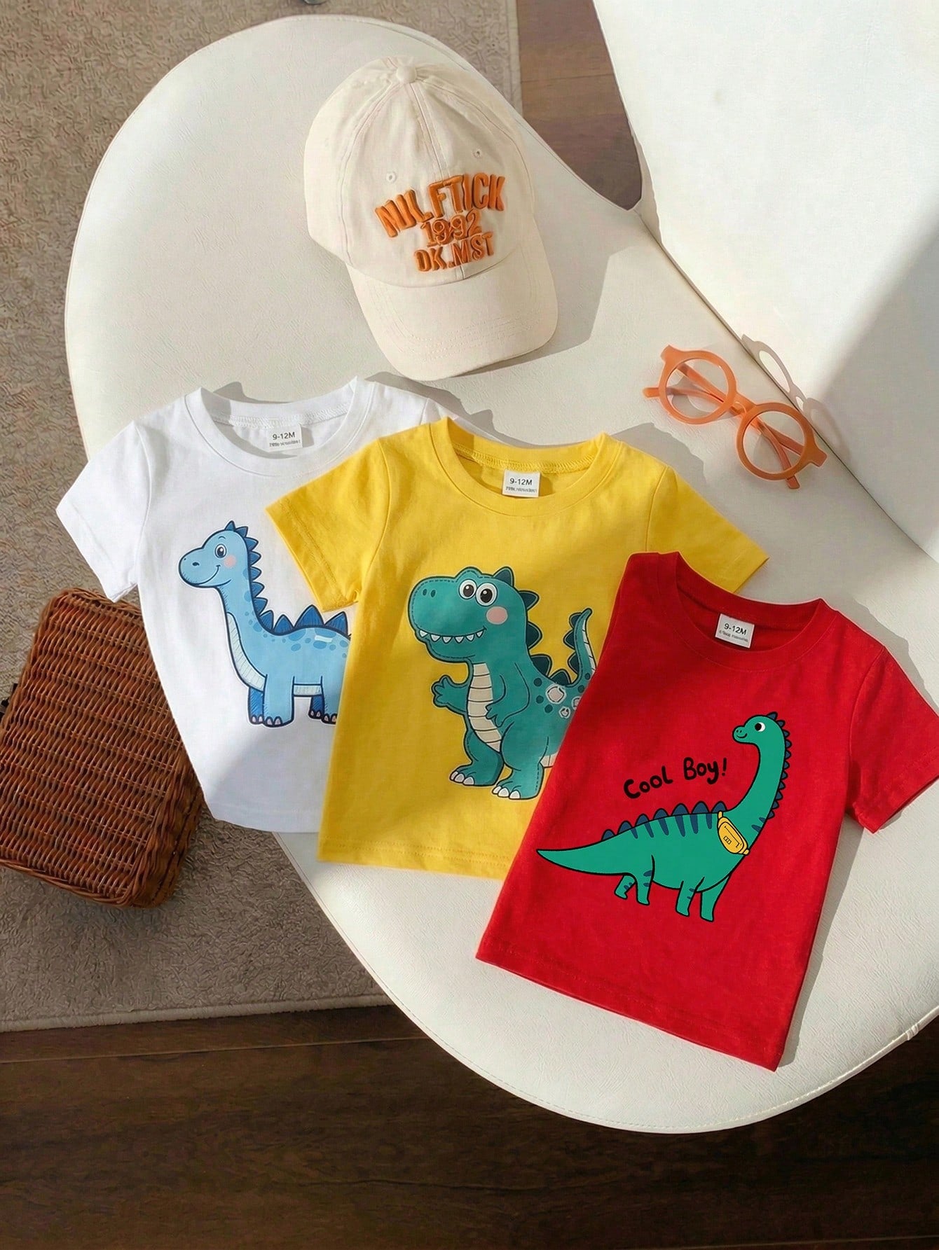Playful Pals 3pcs Newborn Baby Boy Infant Toddler 6M-3Y Dinosaur Print Soft Knit Round Neck Short Sleeve T-Shirt White Summer Casual Cute Carrer Day Daily Wear