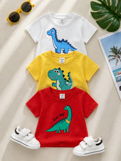 Playful Pals 3pcs Newborn Baby Boy Infant Toddler 6M-3Y Dinosaur Print Soft Knit Round Neck Short Sleeve T-Shirt White Summer Casual Cute Carrer Day Daily Wear