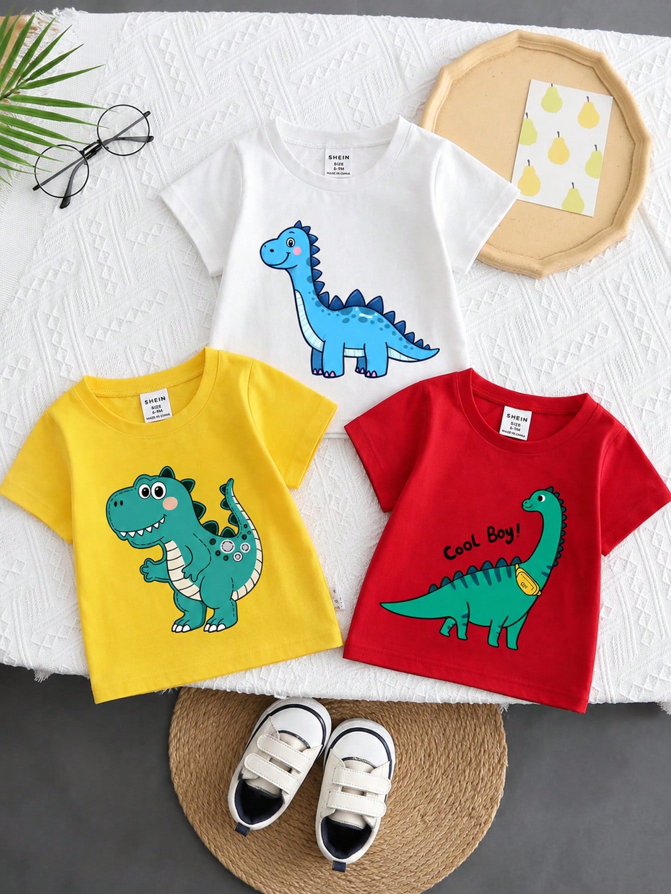 Playful Pals 3pcs Newborn Baby Boy Infant Toddler 6M-3Y Dinosaur Print Soft Knit Round Neck Short Sleeve T-Shirt White Summer Casual Cute Carrer Day Daily Wear