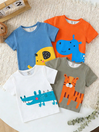Playful Pals 3pcs Newborn Baby Boy Infant Toddler 6M-3Y Dinosaur Print Soft Knit Round Neck Short Sleeve T-Shirt White Summer Casual Cute Carrer Day Daily Wear