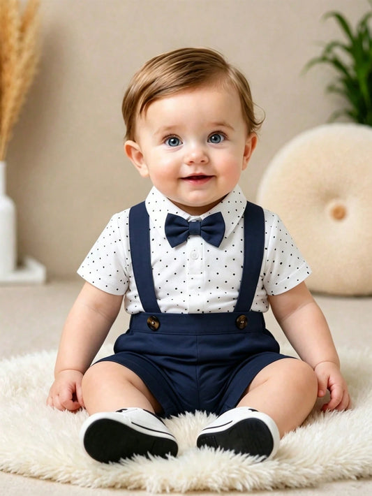 Playful Pals Baby Boy Romper Set, Black Polka Dot Short Sleeve Bodysuit With Shirt Collar And Black Bow Tie, Suspenders Shorts, 2-Piece Set, Cute Gentleman Style, Deep Blue, Suitable For Perform