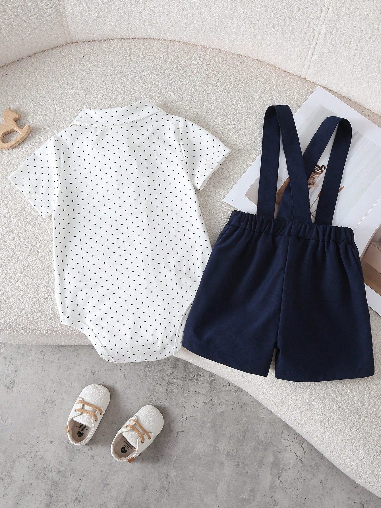 Playful Pals Baby Boy Romper Set, Black Polka Dot Short Sleeve Bodysuit With Shirt Collar And Black Bow Tie, Suspenders Shorts, 2-Piece Set, Cute Gentleman Style, Deep Blue, Suitable For Perform