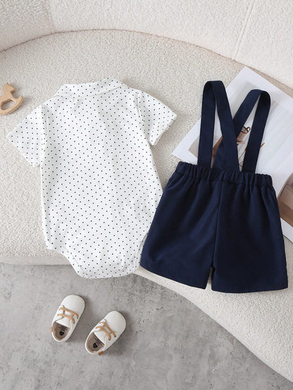 Playful Pals Baby Boy Romper Set, Black Polka Dot Short Sleeve Bodysuit With Shirt Collar And Black Bow Tie, Suspenders Shorts, 2-Piece Set, Cute Gentleman Style, Deep Blue, Suitable For Perform