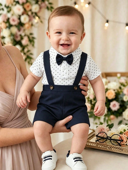 Playful Pals Baby Boy Romper Set, Black Polka Dot Short Sleeve Bodysuit With Shirt Collar And Black Bow Tie, Suspenders Shorts, 2-Piece Set, Cute Gentleman Style, Deep Blue, Suitable For Perform