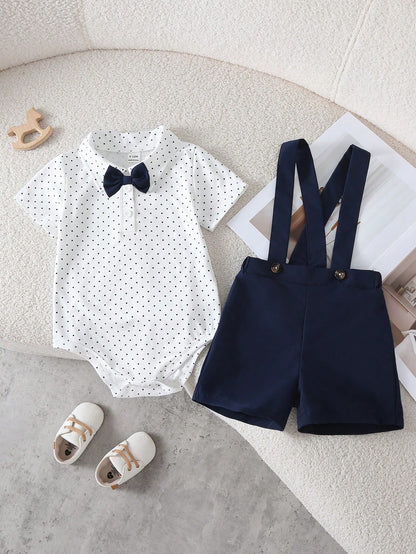 Playful Pals Baby Boy Romper Set, Black Polka Dot Short Sleeve Bodysuit With Shirt Collar And Black Bow Tie, Suspenders Shorts, 2-Piece Set, Cute Gentleman Style, Deep Blue, Suitable For Perform