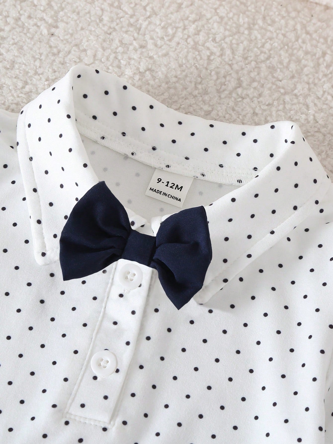 Playful Pals Baby Boy Romper Set, Black Polka Dot Short Sleeve Bodysuit With Shirt Collar And Black Bow Tie, Suspenders Shorts, 2-Piece Set, Cute Gentleman Style, Deep Blue, Suitable For Perform