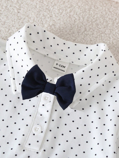 Playful Pals Baby Boy Romper Set, Black Polka Dot Short Sleeve Bodysuit With Shirt Collar And Black Bow Tie, Suspenders Shorts, 2-Piece Set, Cute Gentleman Style, Deep Blue, Suitable For Perform