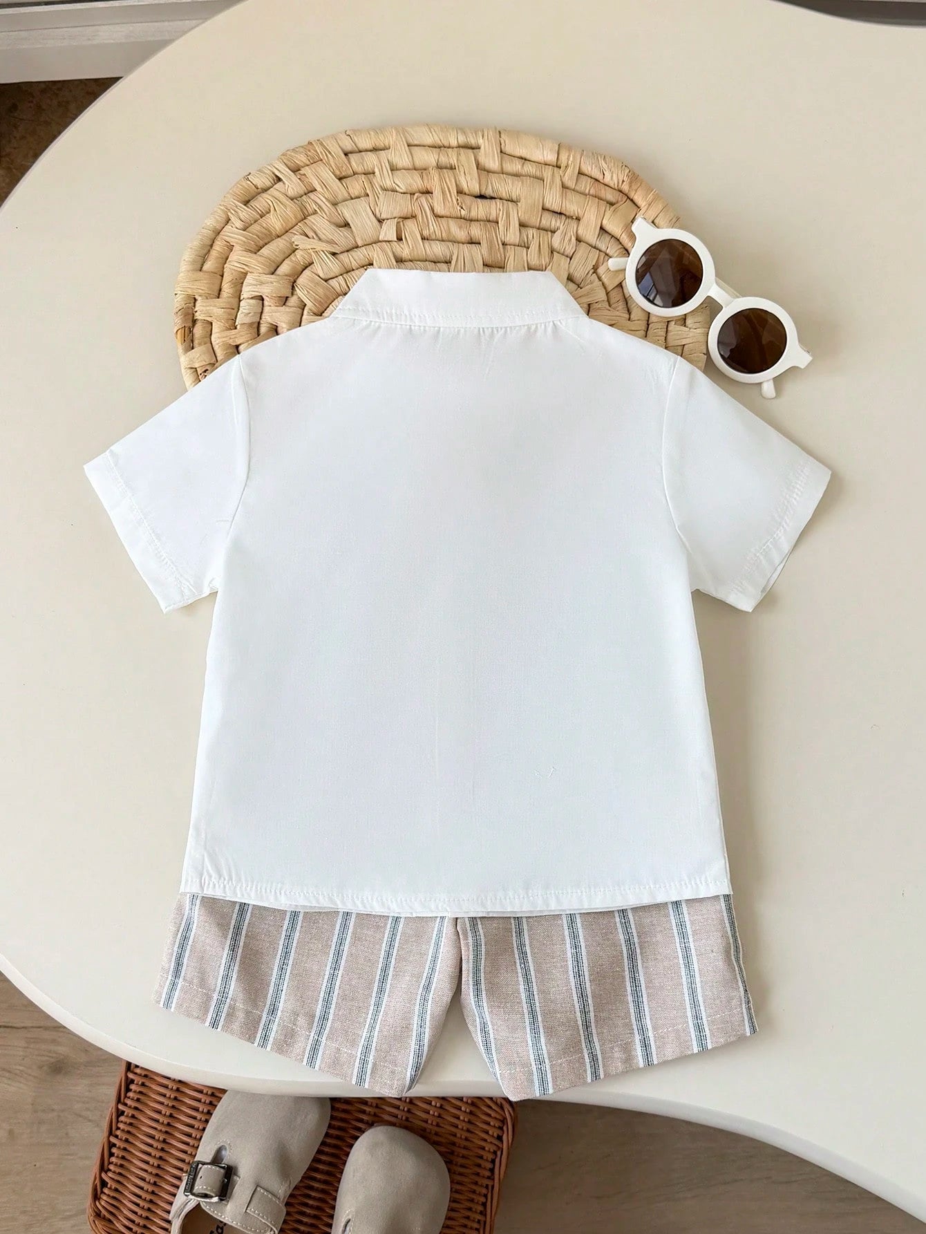 Playful Pals Baby Boy Spring/Summer Casual Outfit: Striped Collared Short Sleeve Shirt Paired With Fashionable Washed Denim Shorts Set