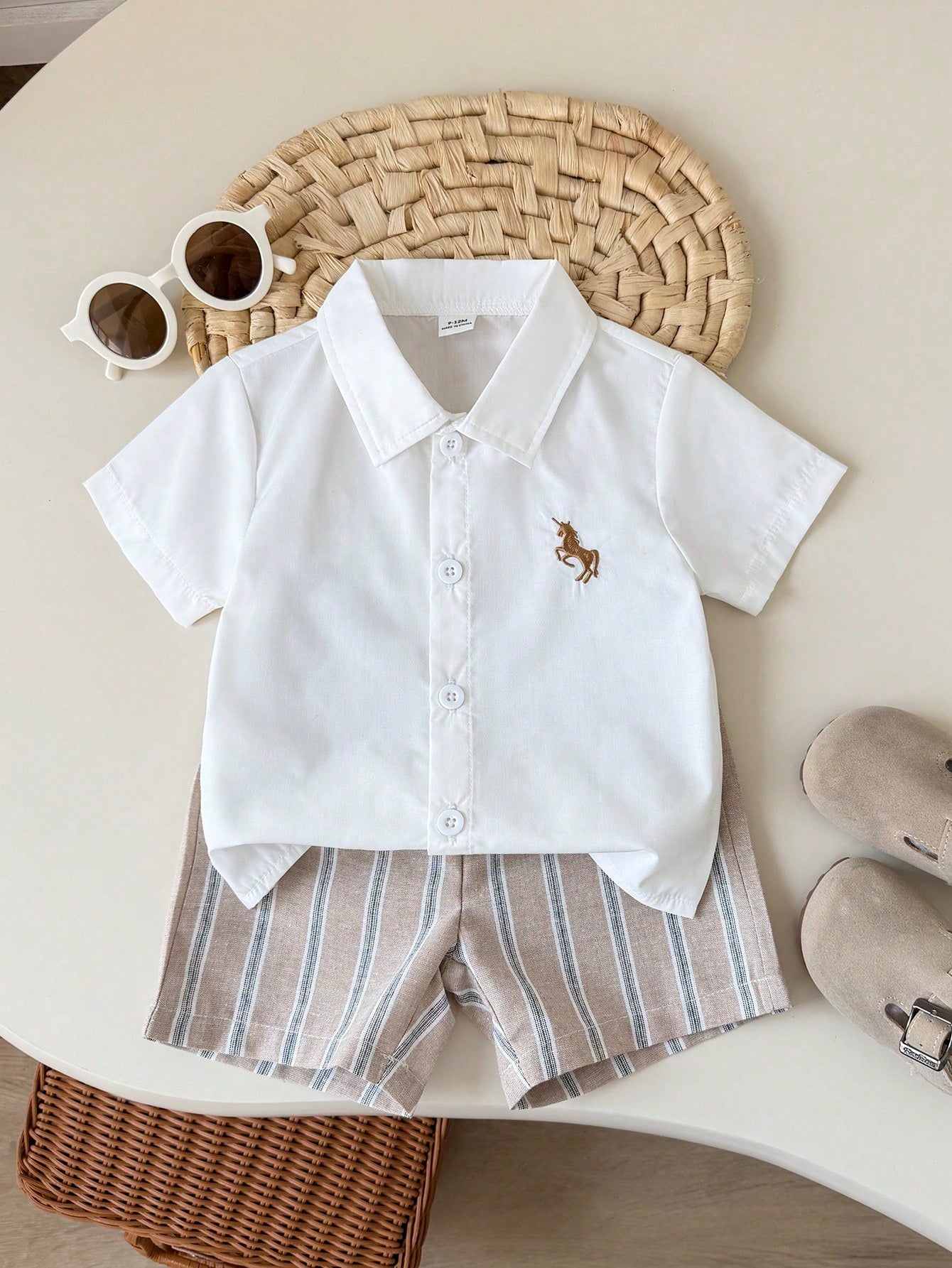 Playful Pals Baby Boy Spring/Summer Casual Outfit: Striped Collared Short Sleeve Shirt Paired With Fashionable Washed Denim Shorts Set