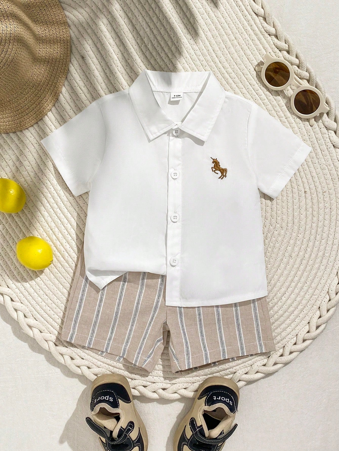 Playful Pals Baby Boy Spring/Summer Casual Outfit: Striped Collared Short Sleeve Shirt Paired With Fashionable Washed Denim Shorts Set