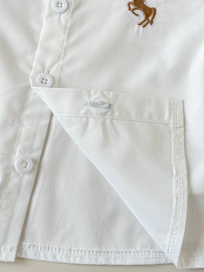 Playful Pals Baby Boy Spring/Summer Casual Outfit: Striped Collared Short Sleeve Shirt Paired With Fashionable Washed Denim Shorts Set
