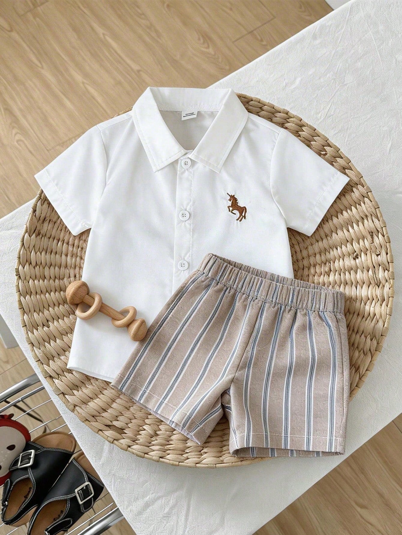 Playful Pals Baby Boy Spring/Summer Casual Outfit: Striped Collared Short Sleeve Shirt Paired With Fashionable Washed Denim Shorts Set