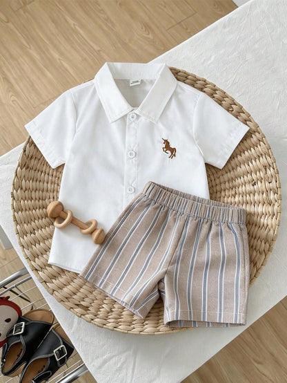 Playful Pals Baby Boy Spring/Summer Casual Outfit: Striped Collared Short Sleeve Shirt Paired With Fashionable Washed Denim Shorts Set