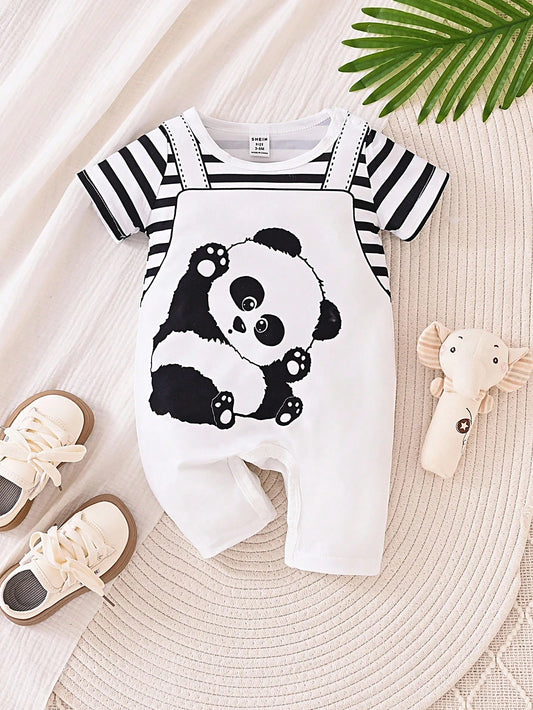 Playful Pals Baby Boys' Short Sleeve Striped Romper With Cartoon Panda Print, Summer
