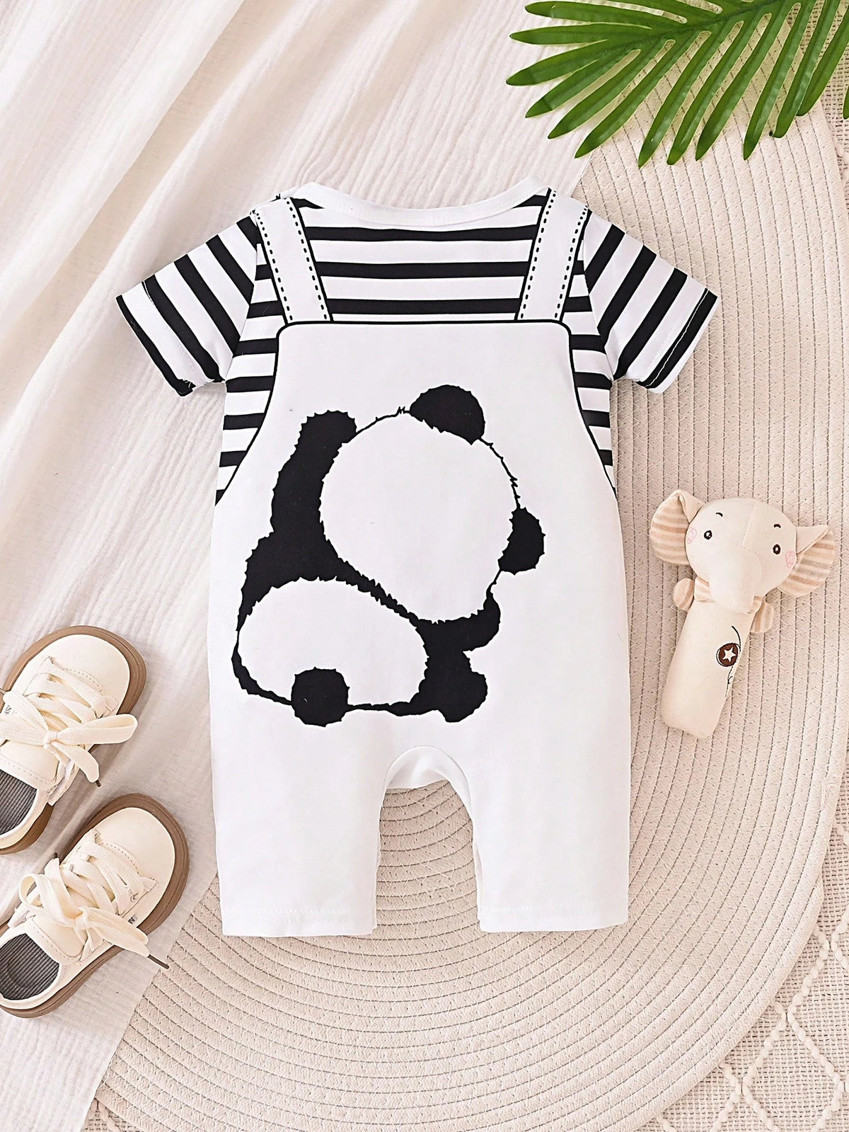 Playful Pals Baby Boys' Short Sleeve Striped Romper With Cartoon Panda Print, Summer