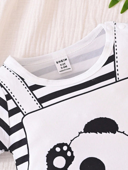 Playful Pals Baby Boys' Short Sleeve Striped Romper With Cartoon Panda Print, Summer