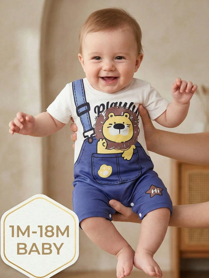 Playful Pals Baby Boys' Short Sleeve Striped Romper With Cartoon Panda Print, Summer