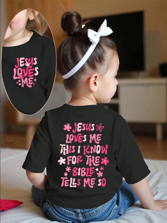 Playful Pals Baby Girls Cute Jesus Loves Me Floral Print Round Neck Short Sleeve Casual T-Shirt