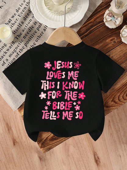 Playful Pals Baby Girls Cute Jesus Loves Me Floral Print Round Neck Short Sleeve Casual T-Shirt