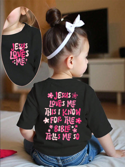 Playful Pals Baby Girls Cute Jesus Loves Me Floral Print Round Neck Short Sleeve Casual T-Shirt