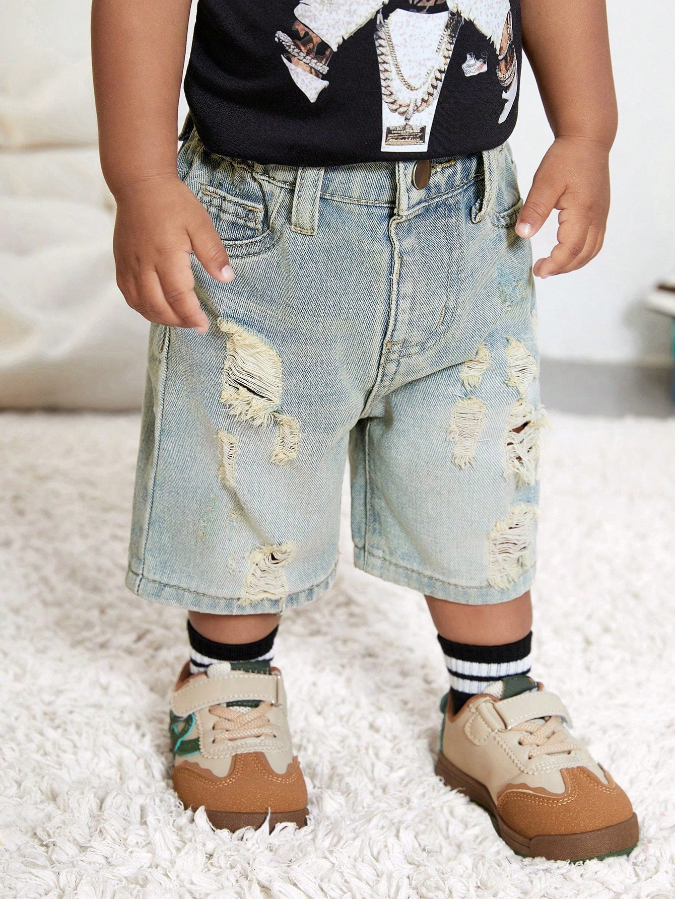 Playful Pals Baby Unisex Vintage Urban Street Ripped Long Denim Shorts,Aqua Blue,Summer,Casual,Elastic Waist,Decorative&Practical Pockets,Retro Heavy Wash,Whiskers