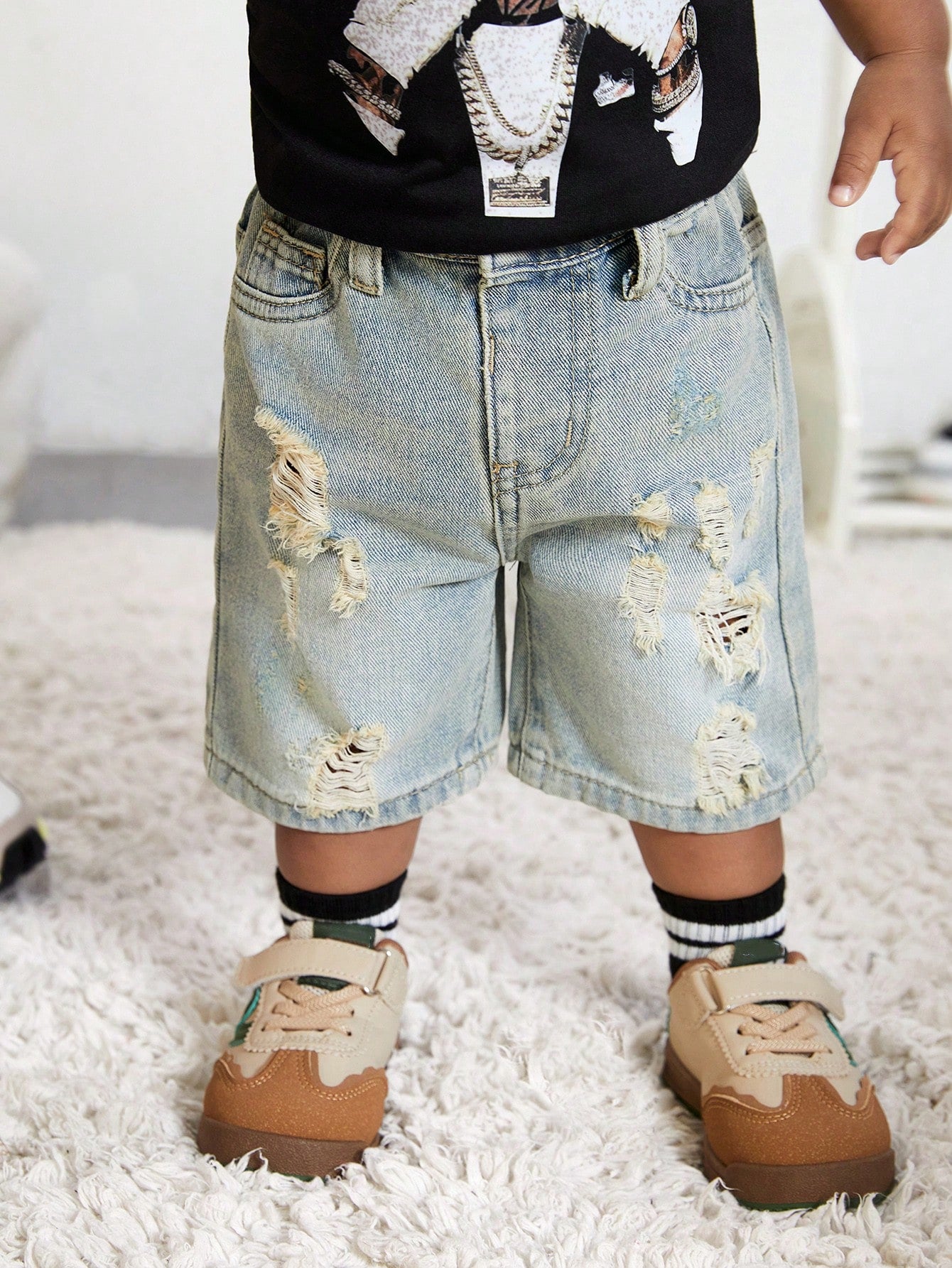 Playful Pals Baby Unisex Vintage Urban Street Ripped Long Denim Shorts,Aqua Blue,Summer,Casual,Elastic Waist,Decorative&Practical Pockets,Retro Heavy Wash,Whiskers